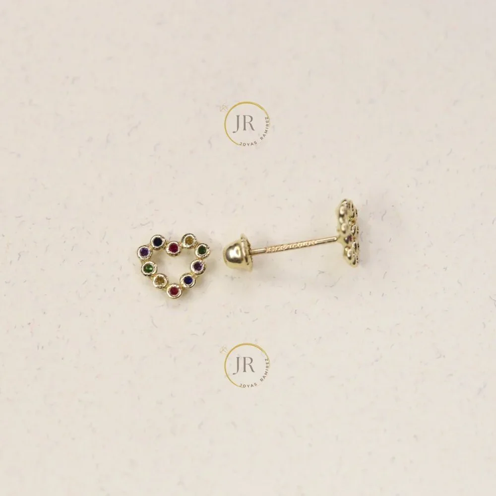 14K Yellow Gold Heart Stud Earrings with Rainbow Colors · Dainty & Elegant. - Picture 4 of 8
